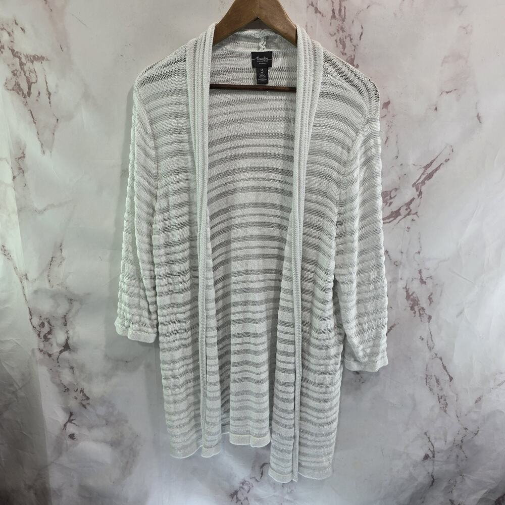 Chicos Cardigan Womens 3 XL White Silver Sweater Lightweight Stripe Metallic